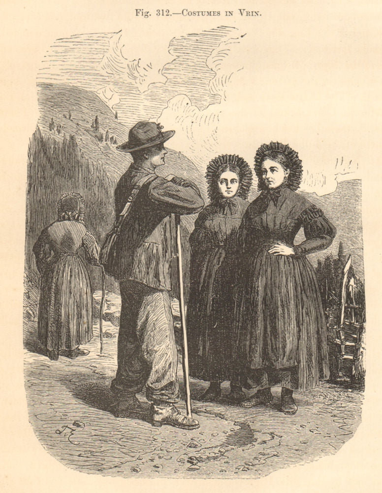 Costumes in Vrin. Switzerland. Traditional dress 1885 old antique print